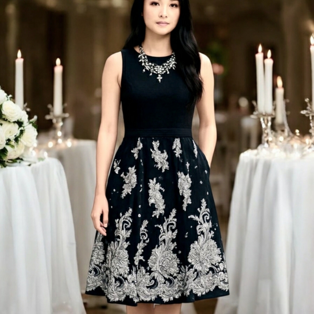 Eliza J Party Dress Overlay Embroidery Bling Wedding Guest Romance Fairy sz 6